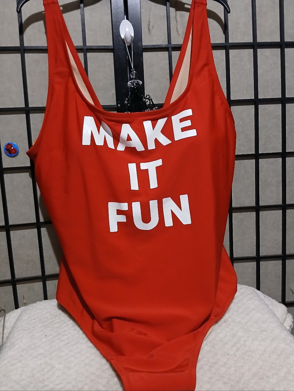 Old Navy Red One-Piece Swimsuit with White 'MAKE IT FUN' Print
